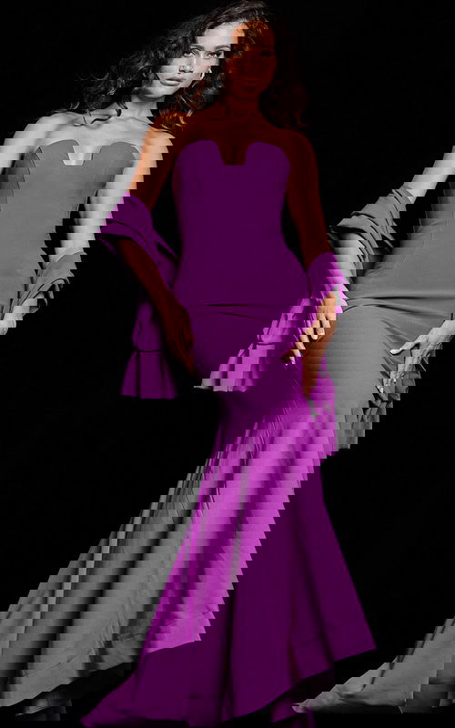 model wearing 23029 purple dress front view