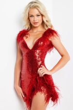 Model wearing Jovani 23059 red sequin dress, showcasing exquisite feather details.