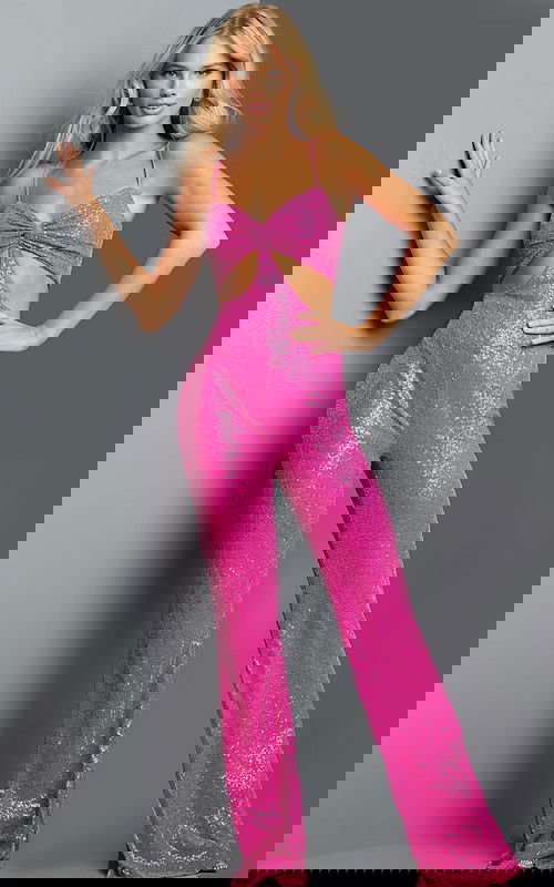 Model wearing Jovani 23069 pink sequined jumpsuit with front view.
