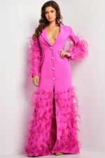 Model wearing Jovani 23075 front view of hot pink dress with feathered sleeves and button details.