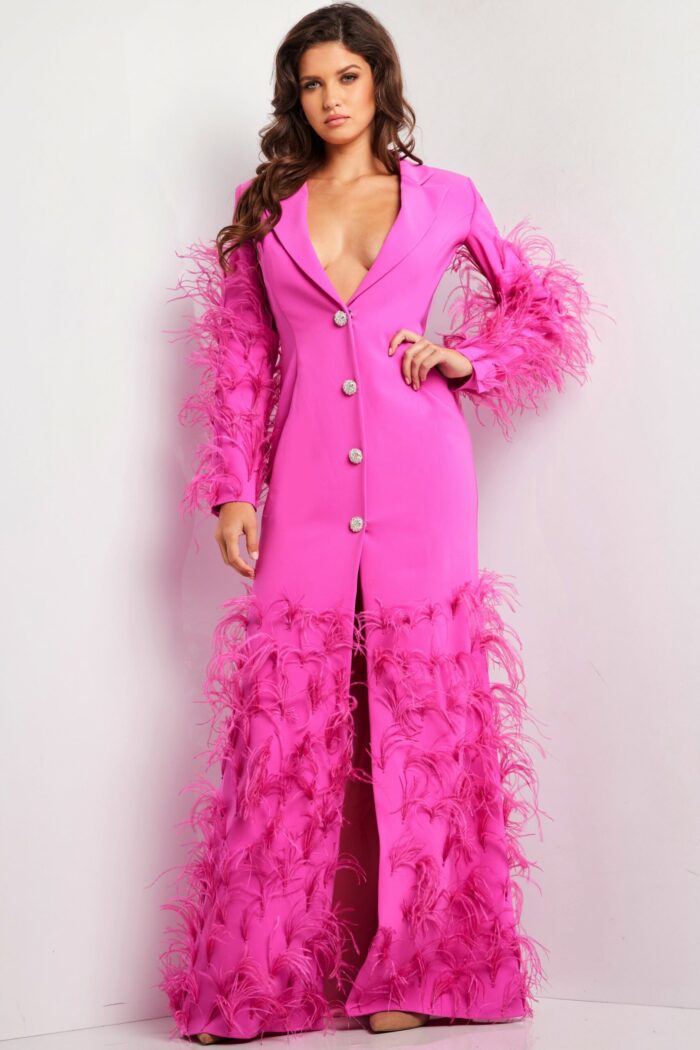 Model wearing Jovani 23075 front view of hot pink dress with feathered sleeves and button details.