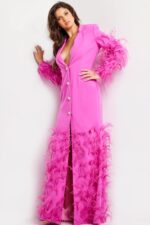 Close-up of model wearing Jovani 23075 front view hot pink dress with feather detailing.