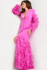 Model showing Jovani 23075 hot pink dress with deep V-neckline and feathered sleeves.