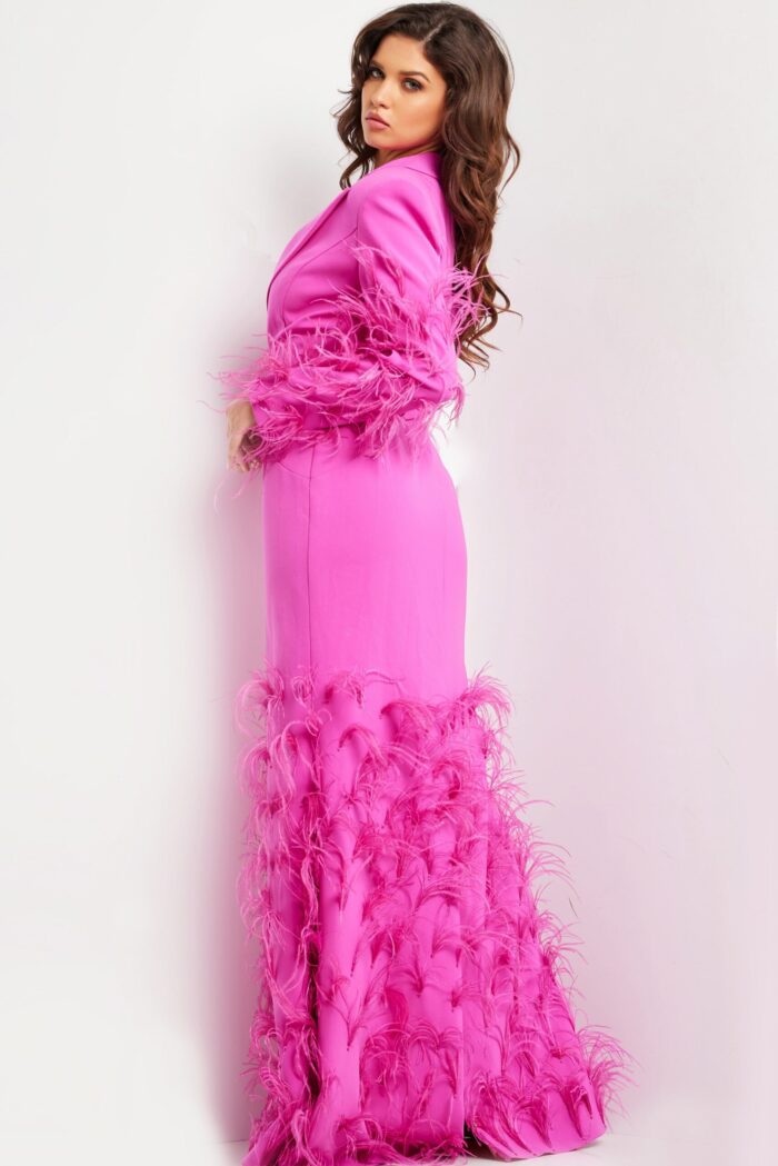 Model wearing Jovani 23075 side view of hot pink dress with feathered sleeves.