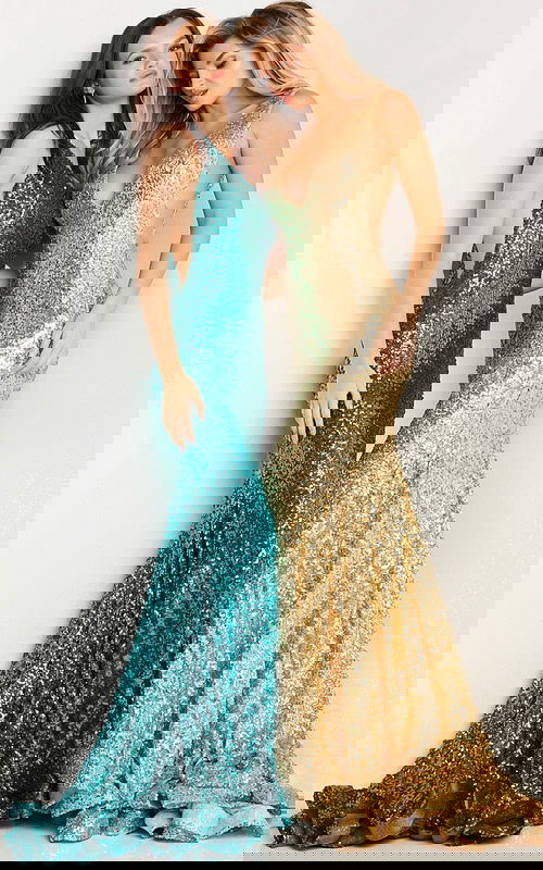 Models wearing Jovani 23076 dresses in dazzling gold and green, showcasing a fitted bodice and elegant mermaid silhouette.