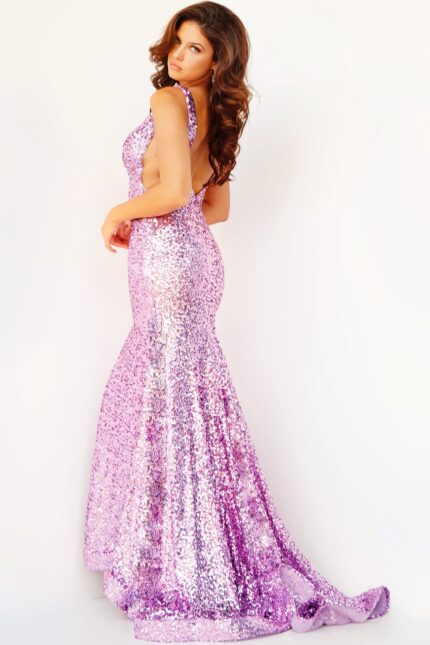 Model showing back of Jovani 23079 lilac sequin dress