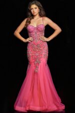 Model in Jovani 23125 pink gown emphasizing beaded bodice and tulle flair