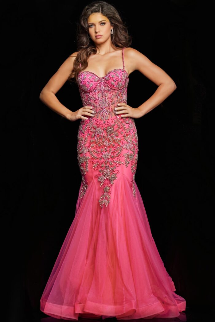 Model in Jovani 23125 pink gown emphasizing beaded bodice and tulle flair