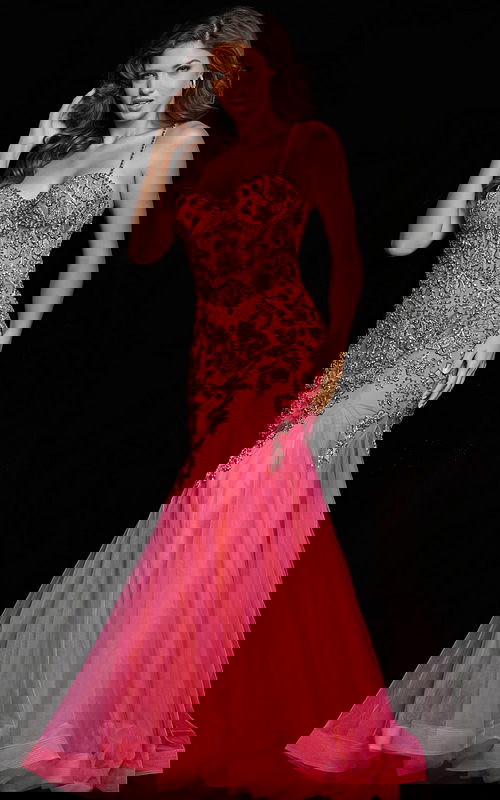 Model wearing Jovani 23125 with intricate beaded bodice and pink tulle bottom in front view