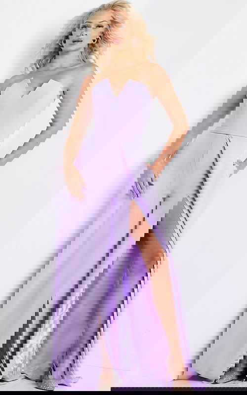 model wearing 23150 lilac dress with a strapless neckline and high slit