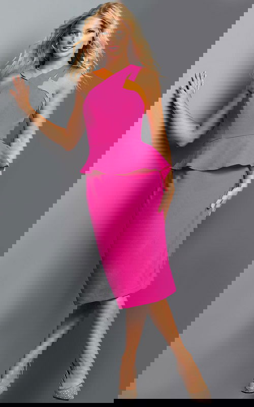 Model wearing Jovani 23153 fuchsia dress with halter neckline, front view.