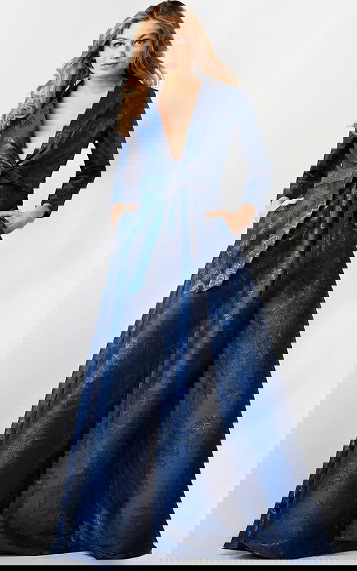 Model wearing Jovani 23178 navy floral brocade dress front view