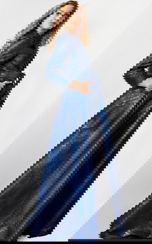 Model wearing Jovani 23178 navy floral brocade dress side view