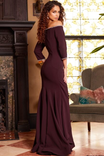 back view of Jovani 23190 purple dress with off-shoulder design