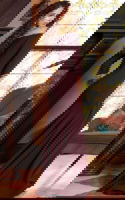 back view of Jovani 23190 purple dress with off-shoulder design