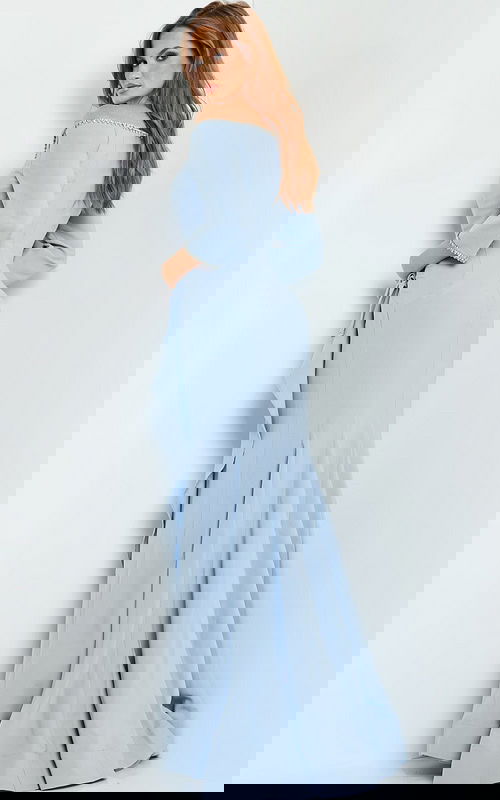 Back view of model wearing Jovani 23190 in light blue, highlighting elegant draping and fitted mermaid style.