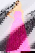 Strapless pink corset ball gown with large bow back and sequin details