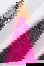 Strapless pink sequin ball gown with large bow accent and sheer corset bodice