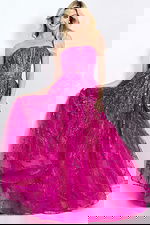 Elegant strapless prom gown featuring sparkling embroidery and dramatic bow detail