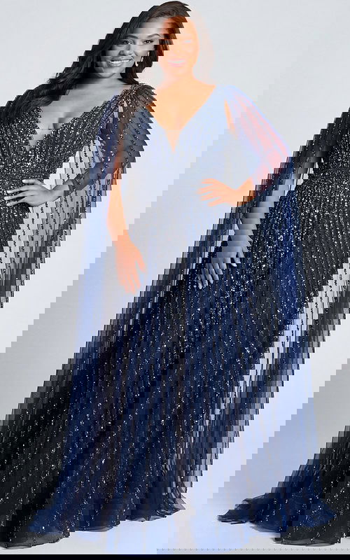 plus size sequin evening gown with cape sleeves