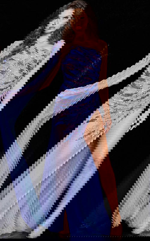 Model wearing Jovani 23377 lilac dress with one-shoulder design and high slit.