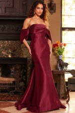 Model wearing Jovani 23398 in burgundy, front view.