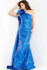 Front view of Jovani 23742 royal blue gown showing fitted silhouette and one-shoulder detail.