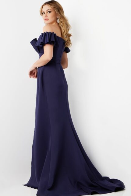 Back view of Jovani 23402 Navy off-the-shoulder gown.