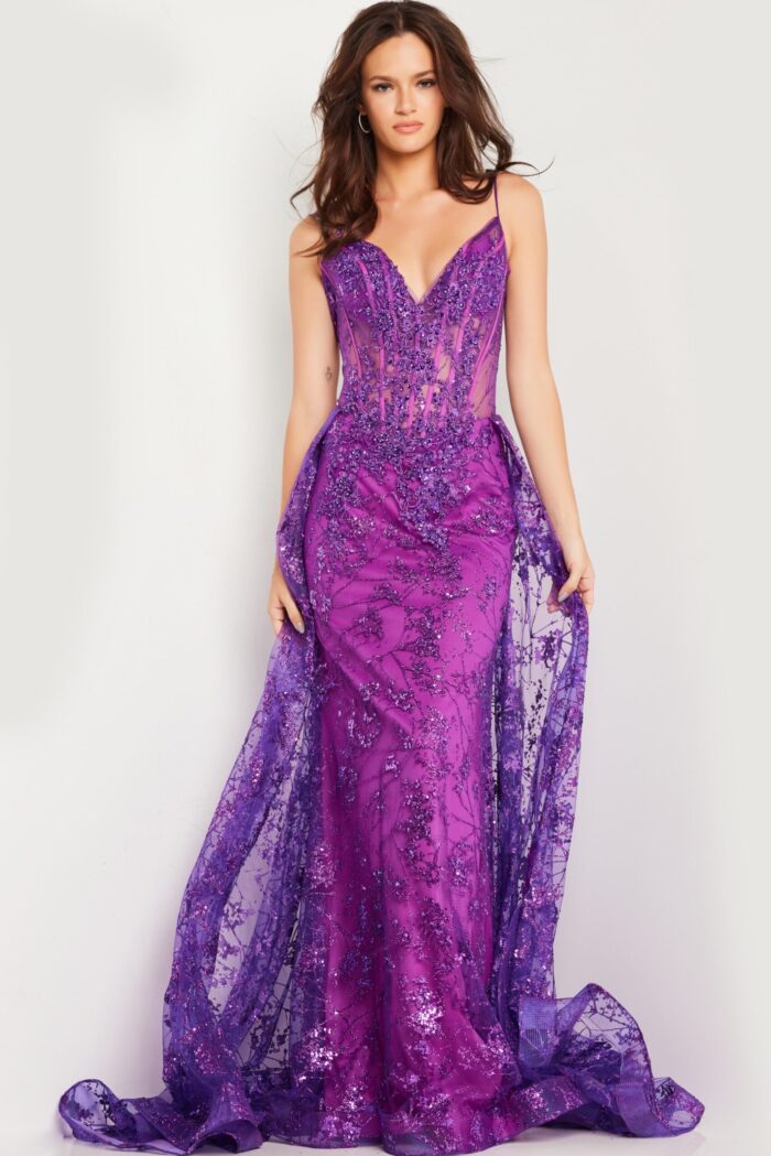 Model wearing Jovani 23530 elegant purple dress with fitted bodice and embellishments