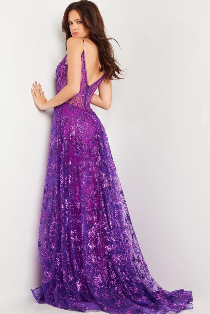 Model wearing Jovani 23530 purple dress featuring fitted silhouette and elegant design