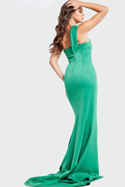 Jovani 23555 green gown with a stylish off-the-shoulder neckline and high slit.