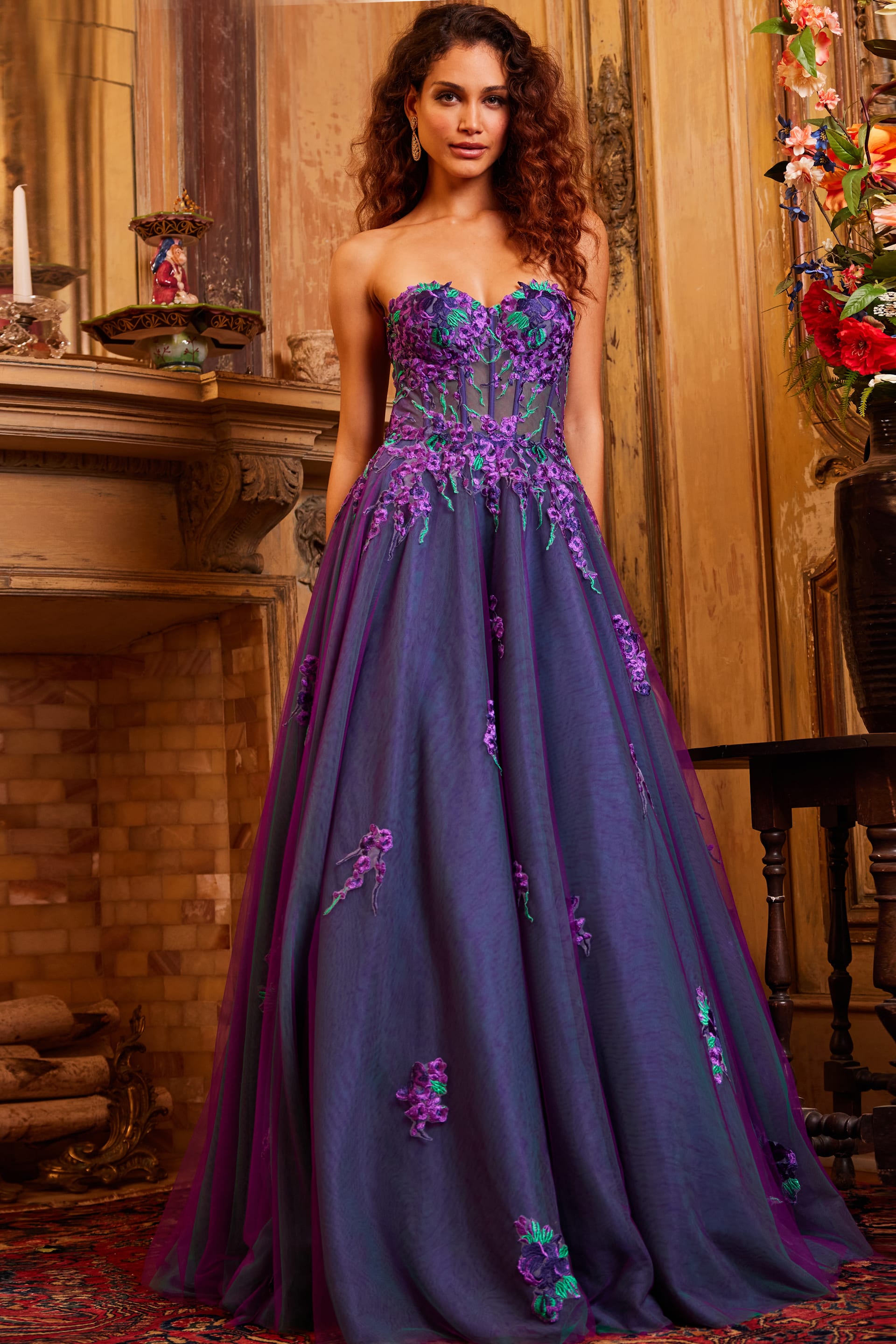 23578-14.jpg Model wearing Jovani 23578 in purple with floral embroidery front view