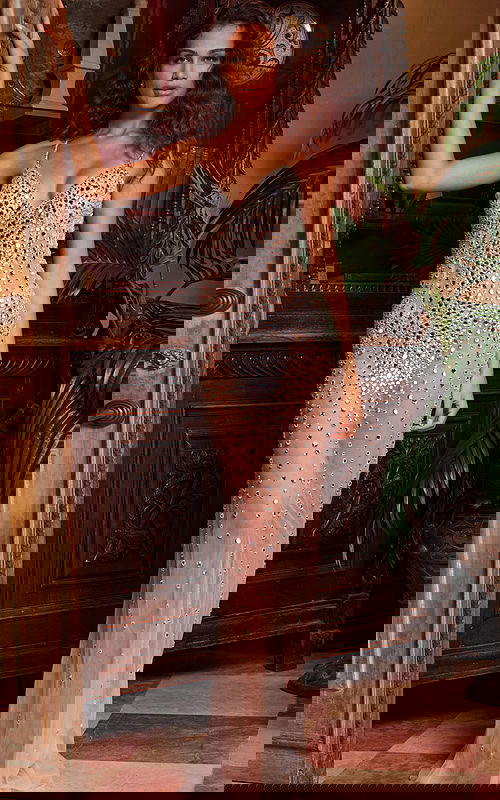 Model wearing silver dress 23635, front view