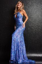 Model in Jovani 23676 blue gown displaying the front view with sequin embellishments.