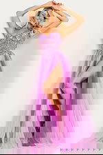 Model wearing Jovani 23710 lilac gown with beaded bodice and high slit, front view.