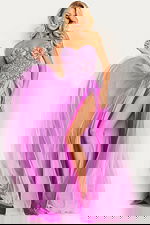 Model wearing Jovani 23710 lilac gown with sweetheart neckline and high slit, front view.