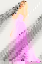 Model wearing Jovani 23710 lilac gown, showcasing the back design.