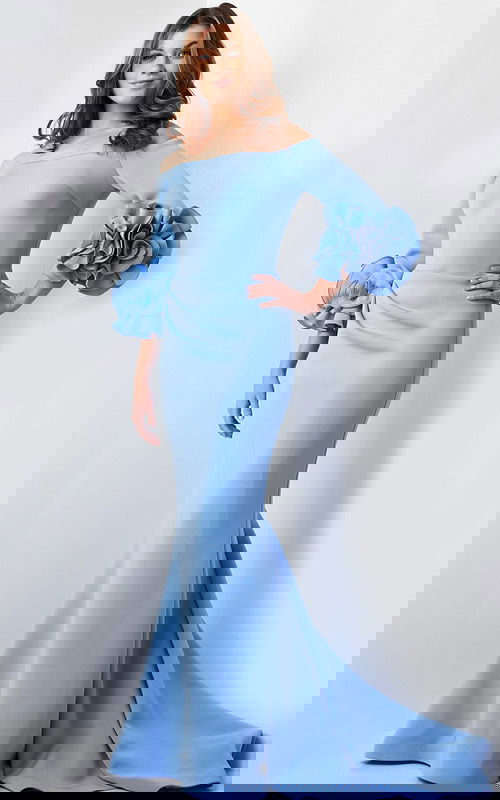 Model wearing Jovani 23716 light blue gown, front view with floral sleeves