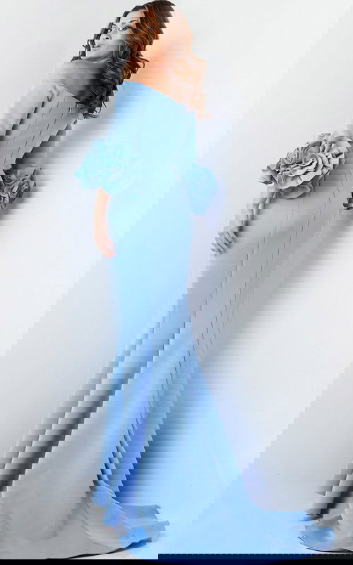 Back view of model wearing Jovani 23716 light blue gown, showcasing fitted silhouette