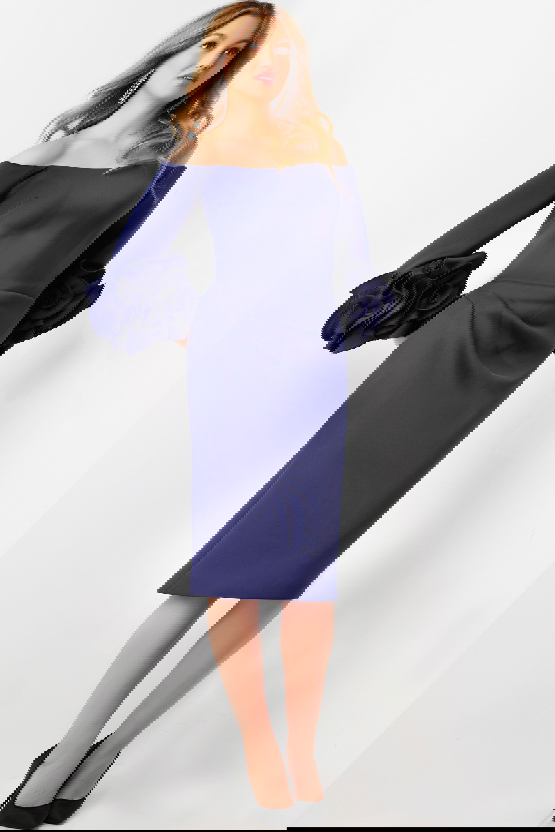 23717-NAVY-3.jpg Model wearing Jovani 23717 navy dress, off-the-shoulder front view