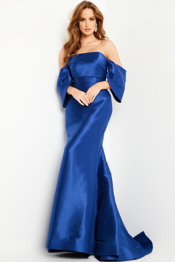 Model wearing Jovani 23398 in burgundy, front view.