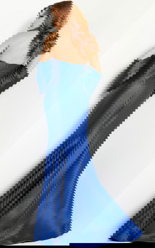 Model wearing Jovani 23398 in burgundy, back view.