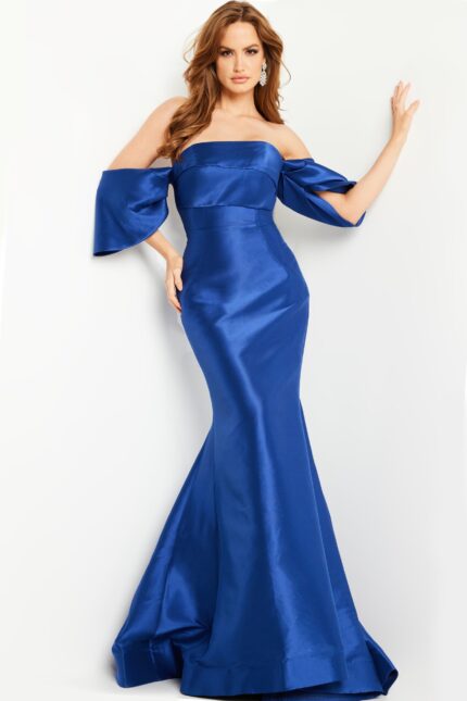 Model wearing Jovani 23398 in burgundy, front view.
