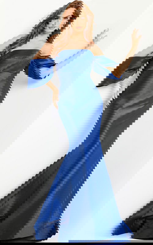 Model wearing Jovani 23398 in burgundy, front view.