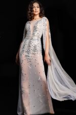 Jovani 23747 white gown front view, showcasing plunging V-neckline and intricate beading