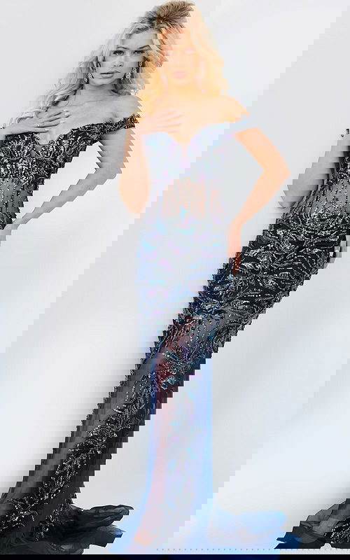 Model wearing Jovani 23760 off-the-shoulder navy gown with intricate beading.