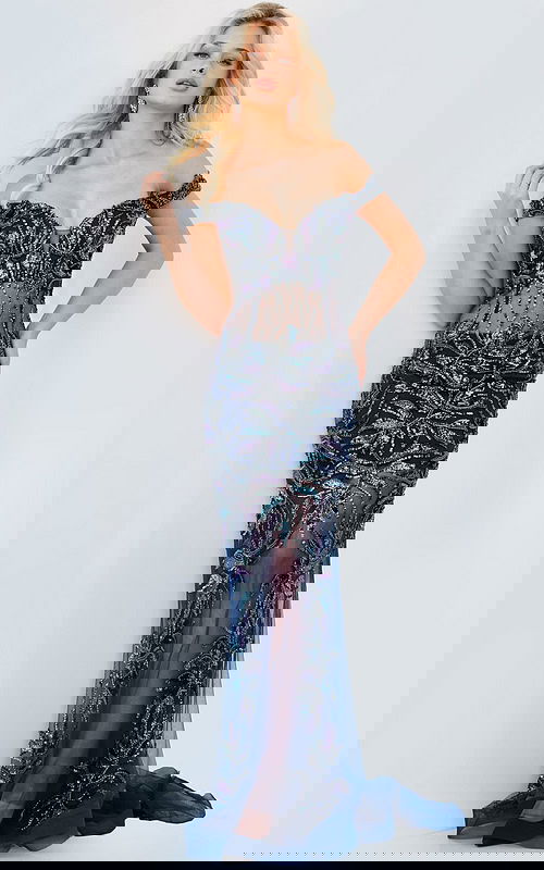 Model wearing full-length view of Jovani 23760 navy gown, showcasing off-the-shoulder design.