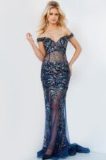 Front view of Jovani 23760 navy gown, showing detailed sequin pattern.