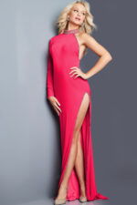 Front view of model in Jovani 23831 pink gown with one-shoulder design.