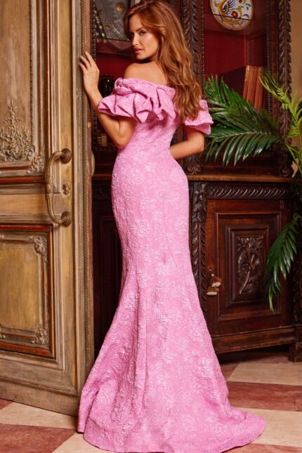 Back view of Jovani 23847 pink lace dress with off-the-shoulder ruffles